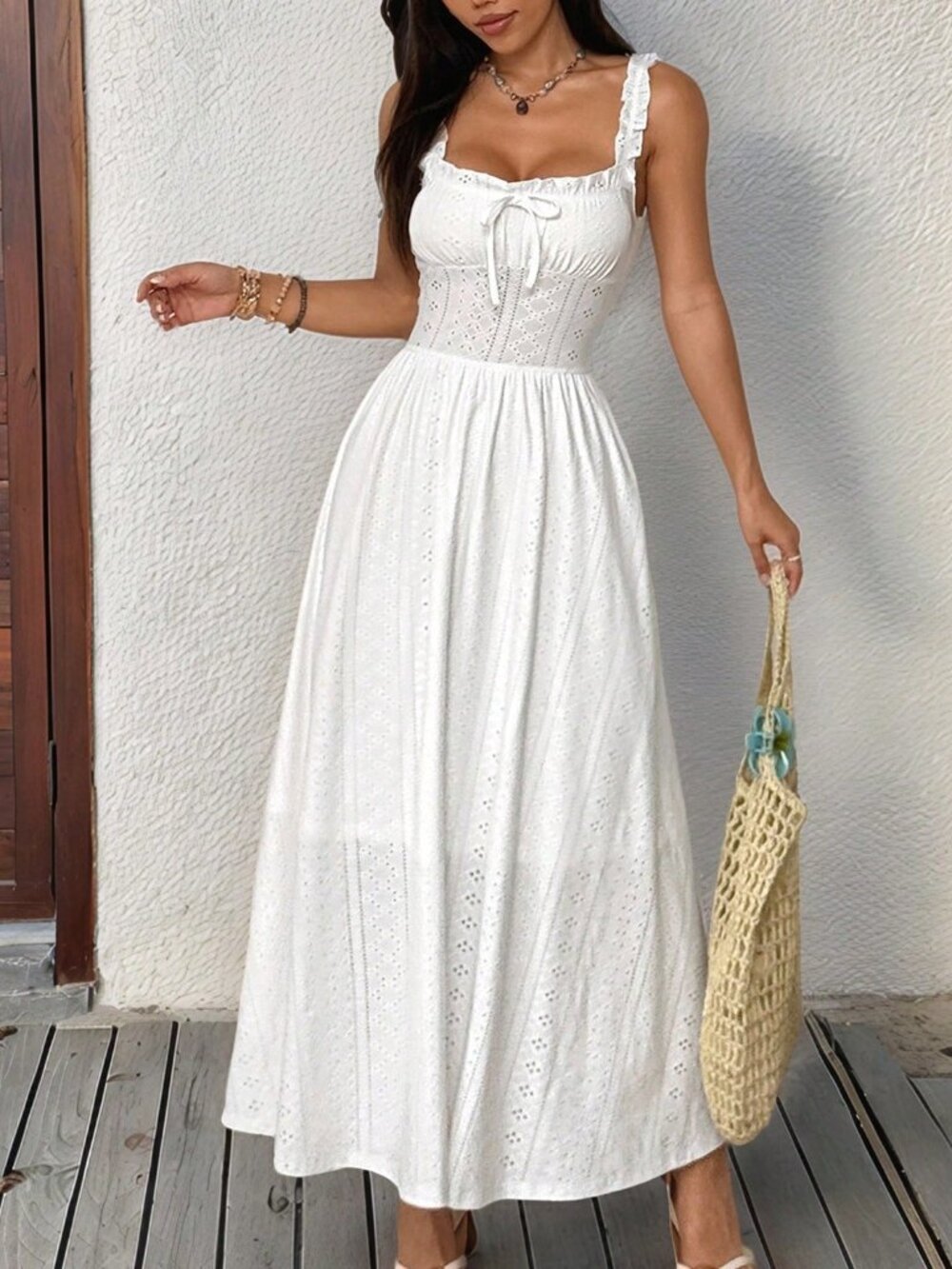 White Casual Women's Boho Style Pleated Bust Long Dress - Picture 1 of 6